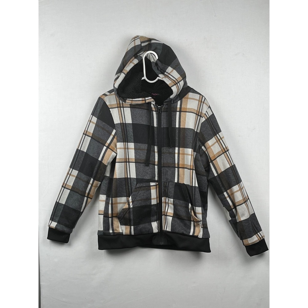 Canyon Creek Plaid Sherpa Lined Zip Hoodie Womens Large 5143HD Black Tan